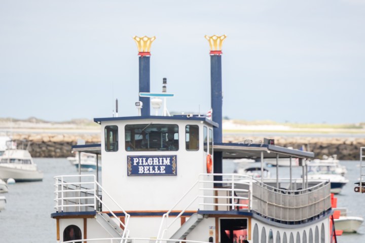 Front view of the Pilgrim Belle paddleboat docked in a harbor with other boats.