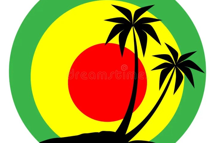 Circle with green, yellow, red rings and two black palm trees.