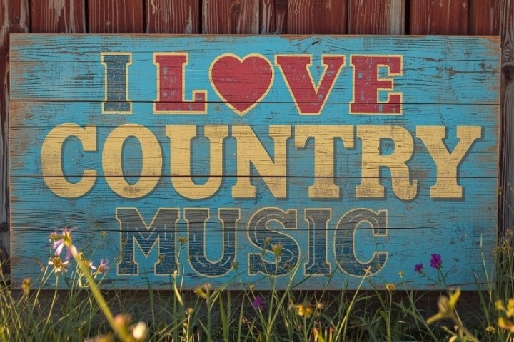Wooden sign with 'I Love Country Music' on a blue background with wildflowers.