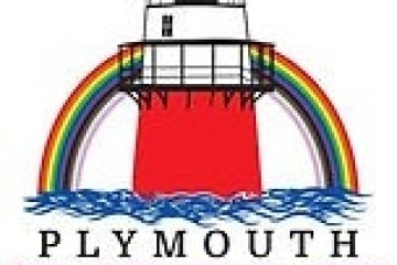 Lighthouse with rainbow and text 'Plymouth Pride' underneath.
