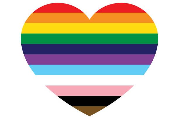 Heart shape with rainbow and transgender pride colors on a white background.