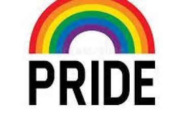 Rainbow arch above bold black text: PRIDE.