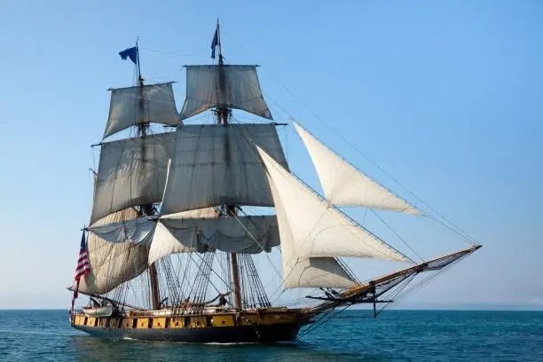 A historic sailing ship with full sails on open sea under clear sky.