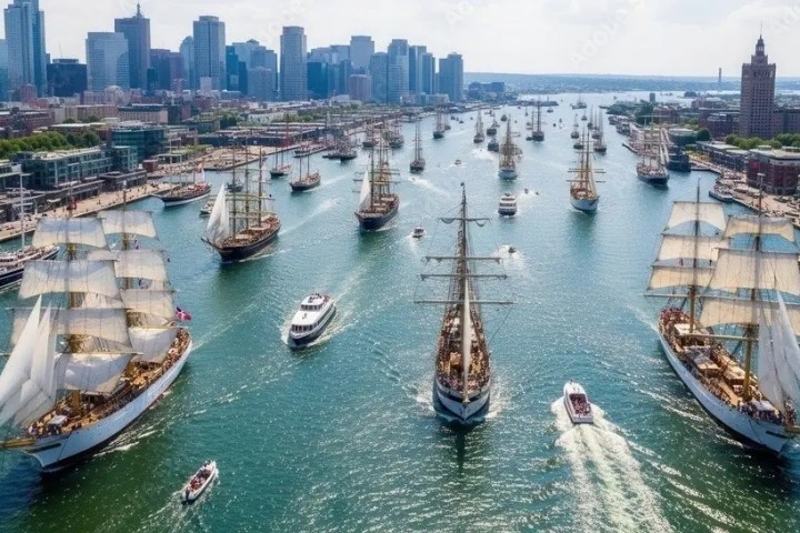Aerial view of tall ships sailing in a busy harbor with a city skyline in the background.