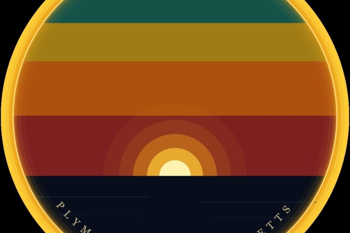 Stylized sunset with striped colors, text 'Plymouth, Massachusetts' on a circular border.