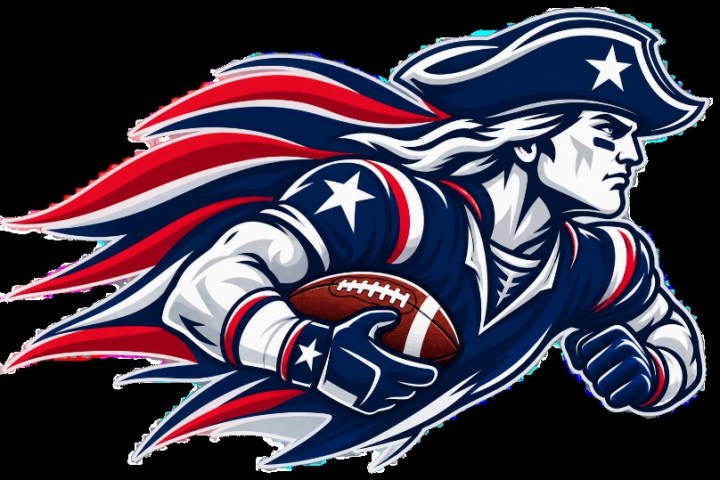 Patriot mascot running with football, wearing Revolutionary War uniform.